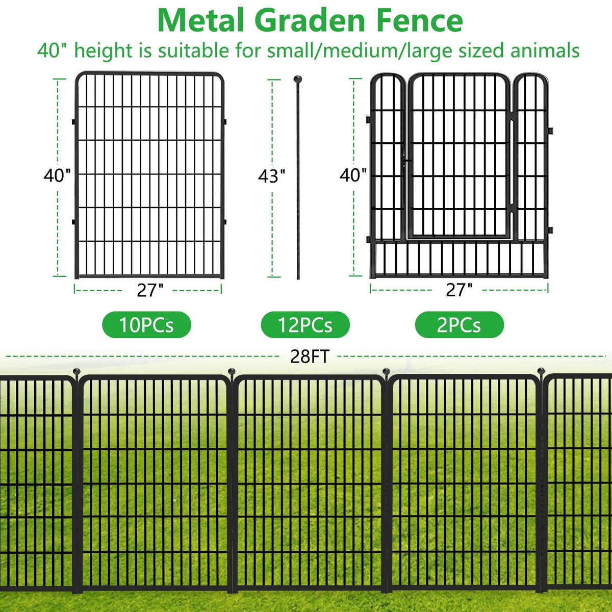 Txh001 Metal Garden Fence 28ft(L)��40in(H) Animal Barrier Metal Decorative Garden Fencing with Gate