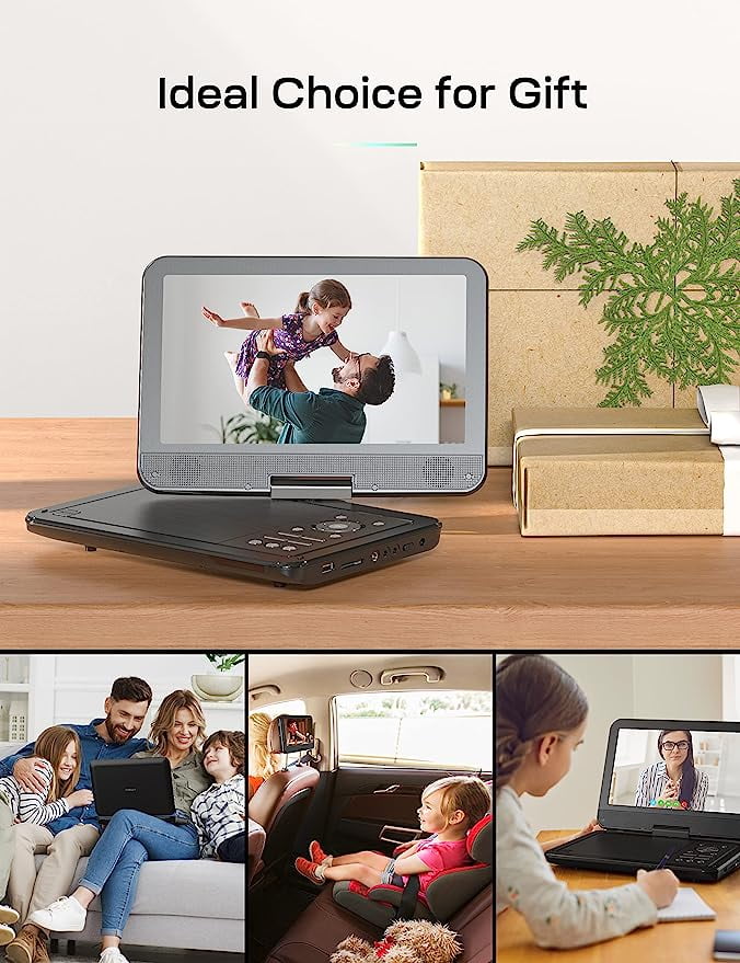 12.5" Portable DVD Player for Car 10.5" HD Swivel Screen Gift for Kids, 6 Hour Rechargeable Battery with Car Charger and AC Adaptor