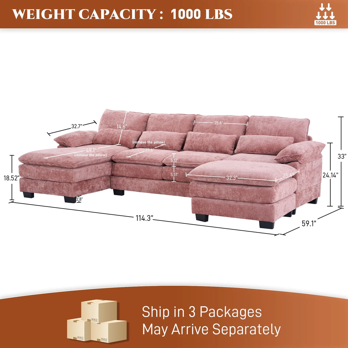 Rophefx 114.3" U Shaped Sectional Couches for Living Room,Cloud Couch,4 Seats Chenille Couch with Double Layer Cushion,Orange