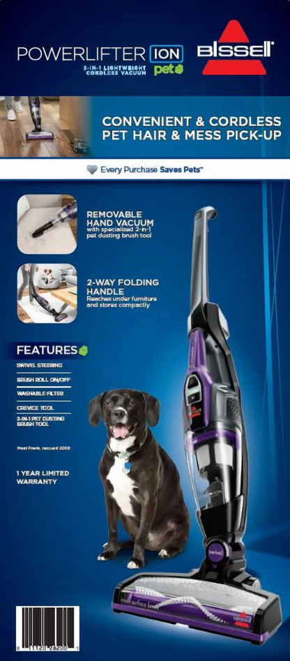 BISSELL PowerLifter Ion Pet Cordless Stick Vacuum, Carpet, Area Rugs, Hard Floor, Upholstery, 2 Way Fold Handle, Freestanding, Removeable Hand Vac, 3191, Purple