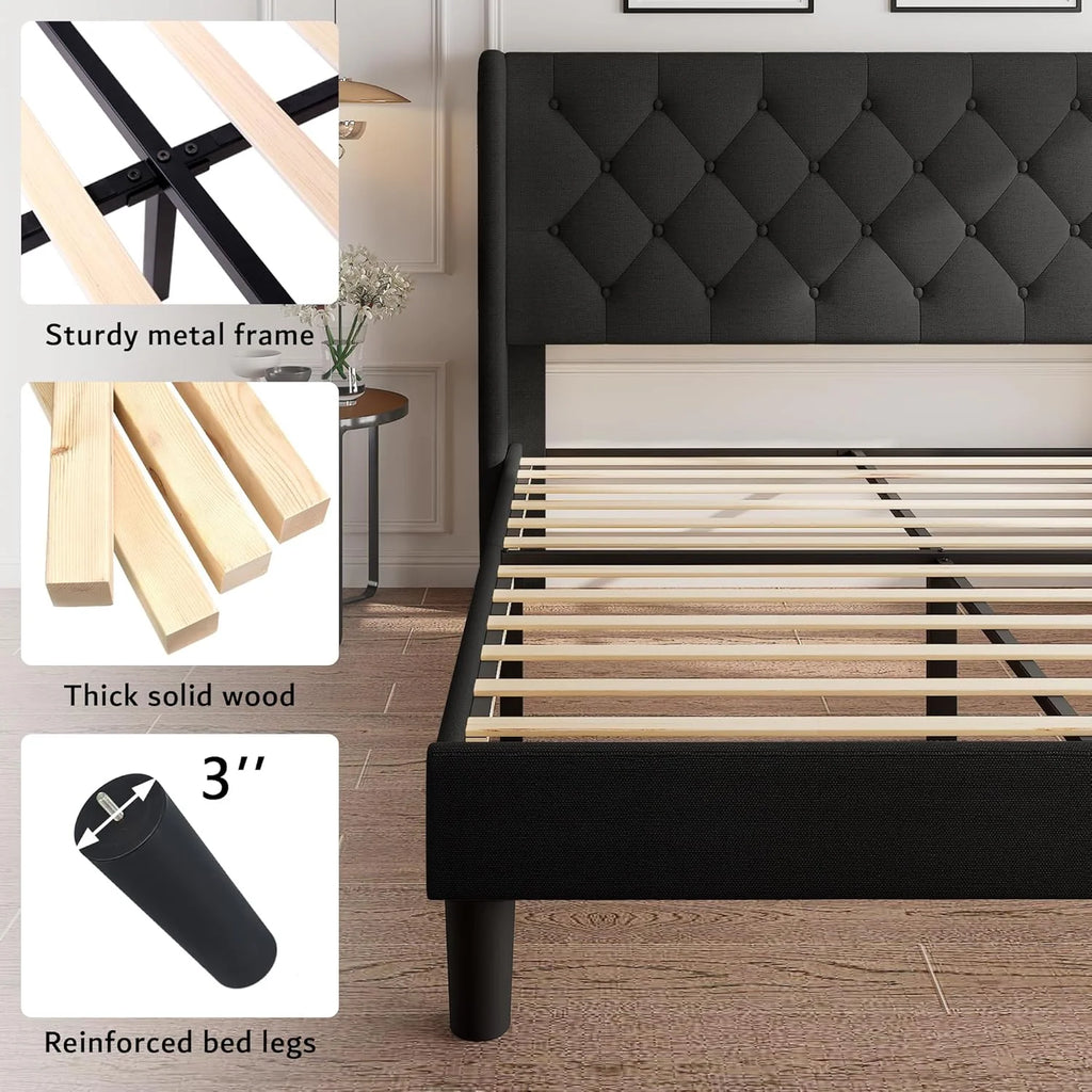 iPormis Full Size Bed Frame with Diamond Button Tufted Wingback Headboard, Upholstered Platform Bed Frame with Strong Wood Slat Support, No Box Spring Needed,Black