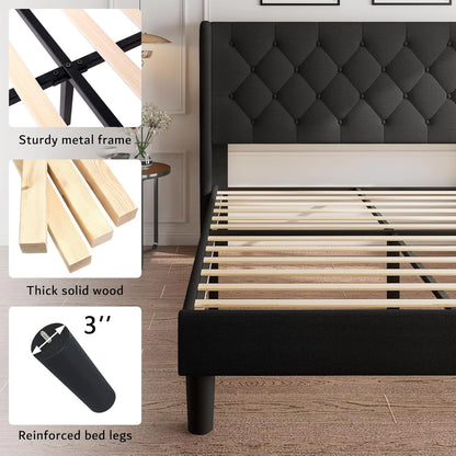 iPormis Full Size Bed Frame with Diamond Button Tufted Wingback Headboard, Upholstered Platform Bed Frame with Strong Wood Slat Support, No Box Spring Needed,Black