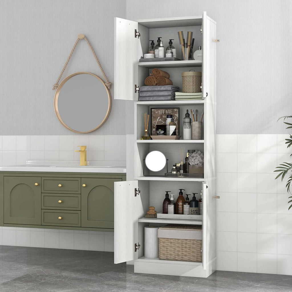Costway 75" Tall Bathroom Storage Cabinet with 4 Doors & 2 Open Compartments Freestanding White
