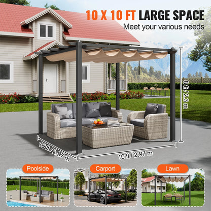 KFFKFF 10'x10' Aluminum Patio Pergola, Retractable Sun Shade Canopy, Ideal for Outdoor Gardens, Decks, and Backyards - Beige