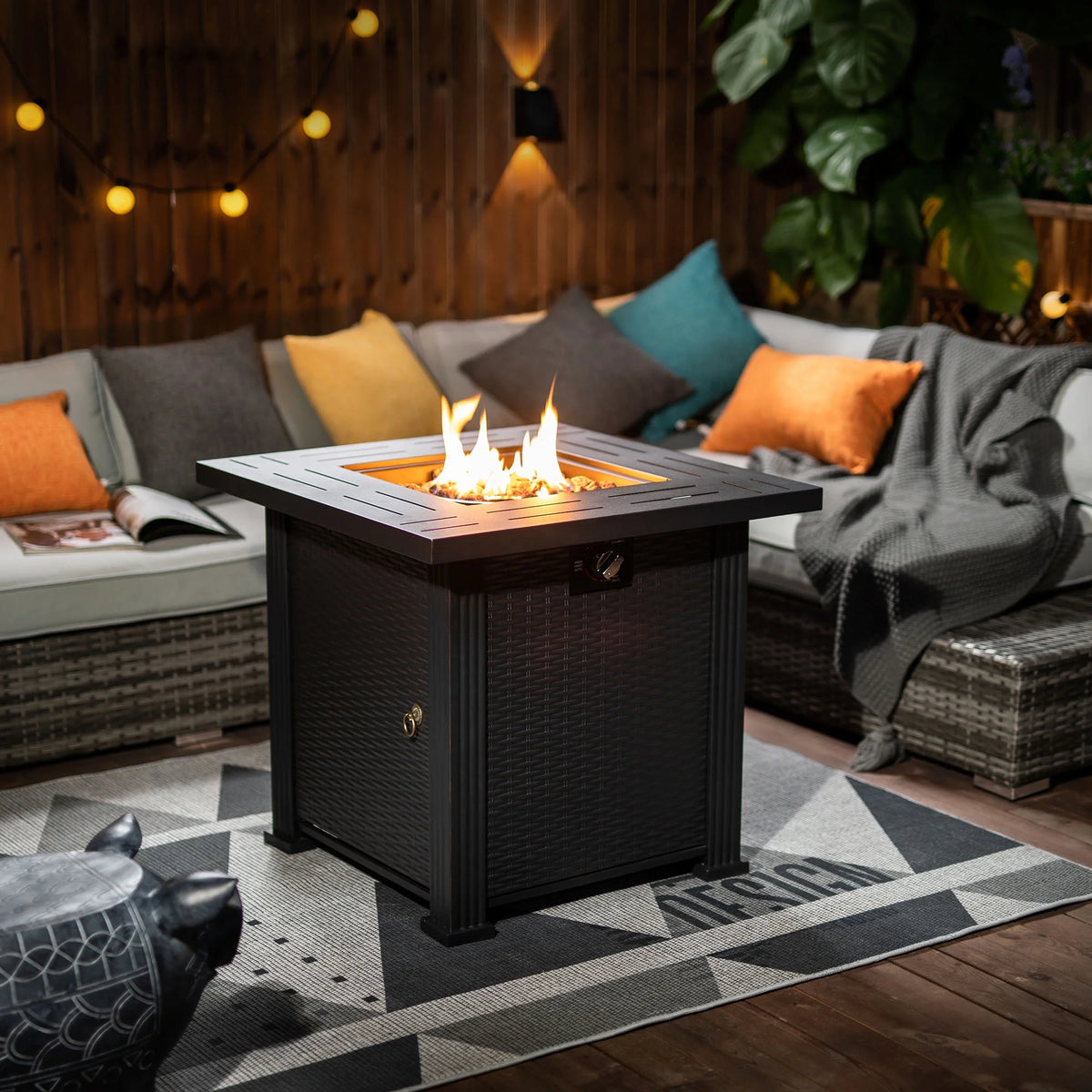 28" Fire Pit Table, Propane Fire Pit with Lid, Lava Rocks, 50000 BTU Outdoor Gas Fire Pit, Metal Square Propane Fire Pit for Outside Garden Backyard Deck Patio, Brown, LLL4008