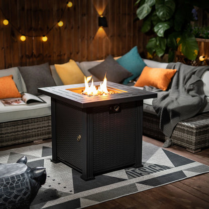 28" Fire Pit Table, Propane Fire Pit with Lid, Lava Rocks, 50000 BTU Outdoor Gas Fire Pit, Metal Square Propane Fire Pit for Outside Garden Backyard Deck Patio, Brown, LLL4008