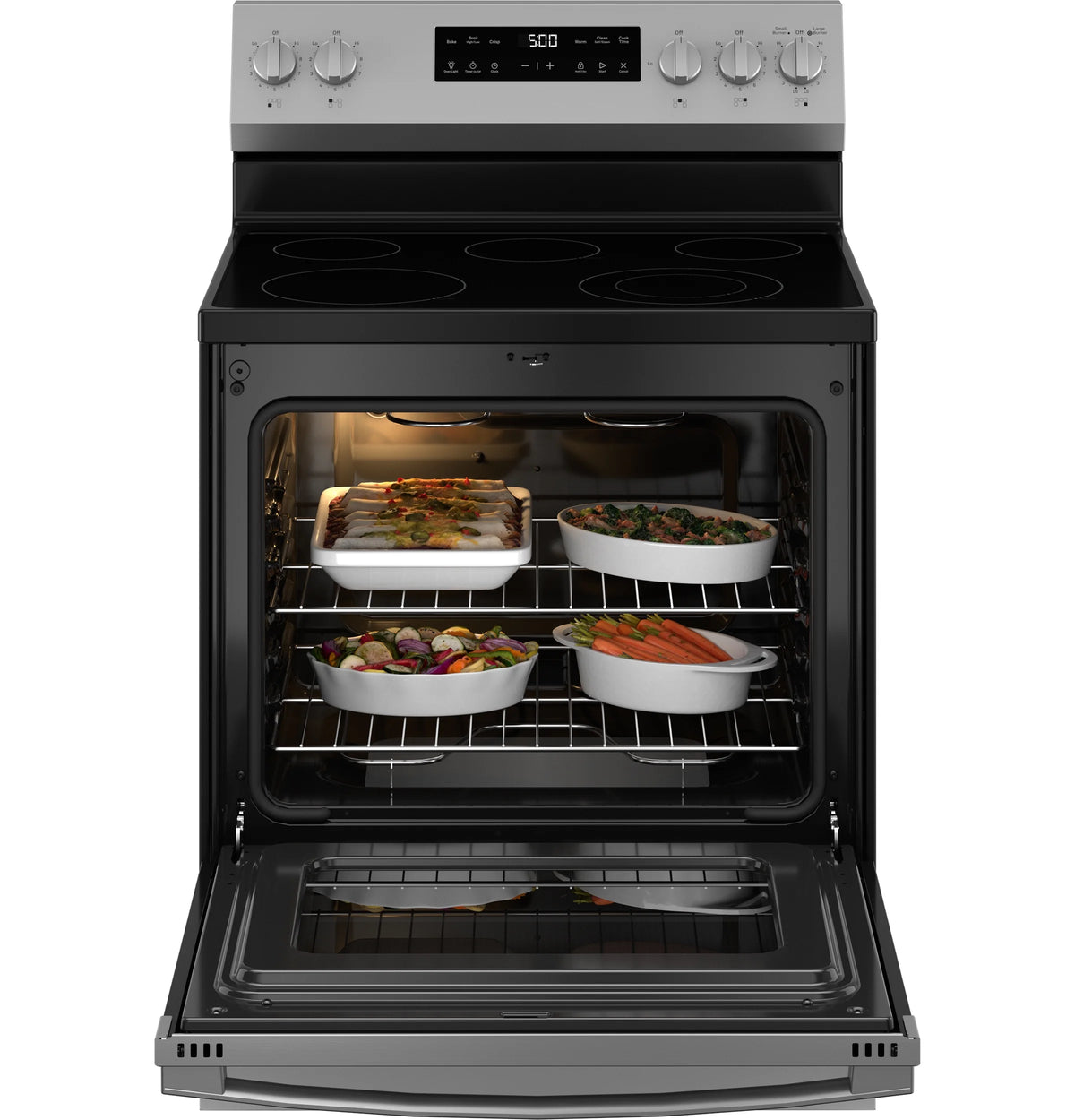 GE? 30" 5.0 Cu. ft. 240 Volts Free-Standing Electric Range with Crisp Mode in Stainless Steel