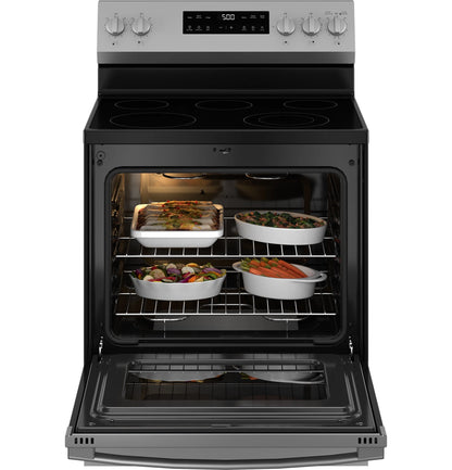 GE? 30" 5.0 Cu. ft. 240 Volts Free-Standing Electric Range with Crisp Mode in Stainless Steel
