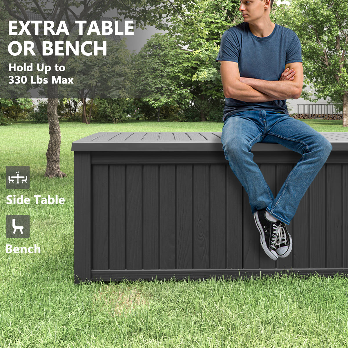 LHBcraft 150 Gallon Deck Box, Outdoor Storage Box, Large Waterproof Resin Indoor Storage Box with Built-in Steel Beams for Patio, Cushions, Pool Supplies
