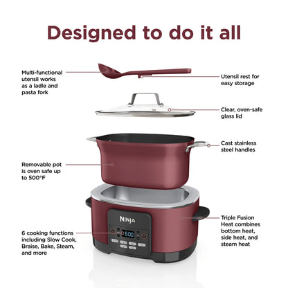 Ninja Foodi Possible Cooker, 8.5 Quart, 6-in-1 Multi-Cooker, Slow Cooker, Steamer, Glass Lid Integrated Cooking Utensil, Nonstick, Oven Safe Pot to 500°F, Cherry Tarte, MC1000WM