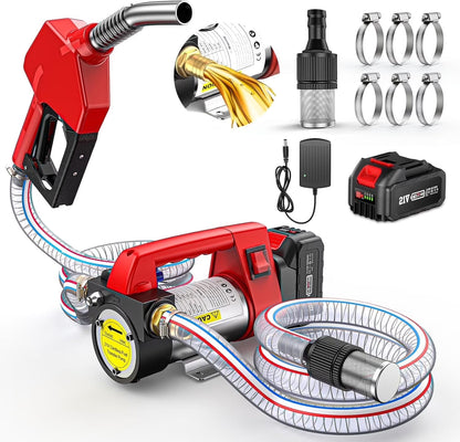 TaskStar 260W Fuel Transfer Pump Battery Powered, 12GPM Electric Pump Kit with 21V 4.0Ah Battery & Charger, Portable Cordless Pump with Auto-off Nozzle & 2x 6.6FT Hoses Diesel Kerosene Transfer Pump