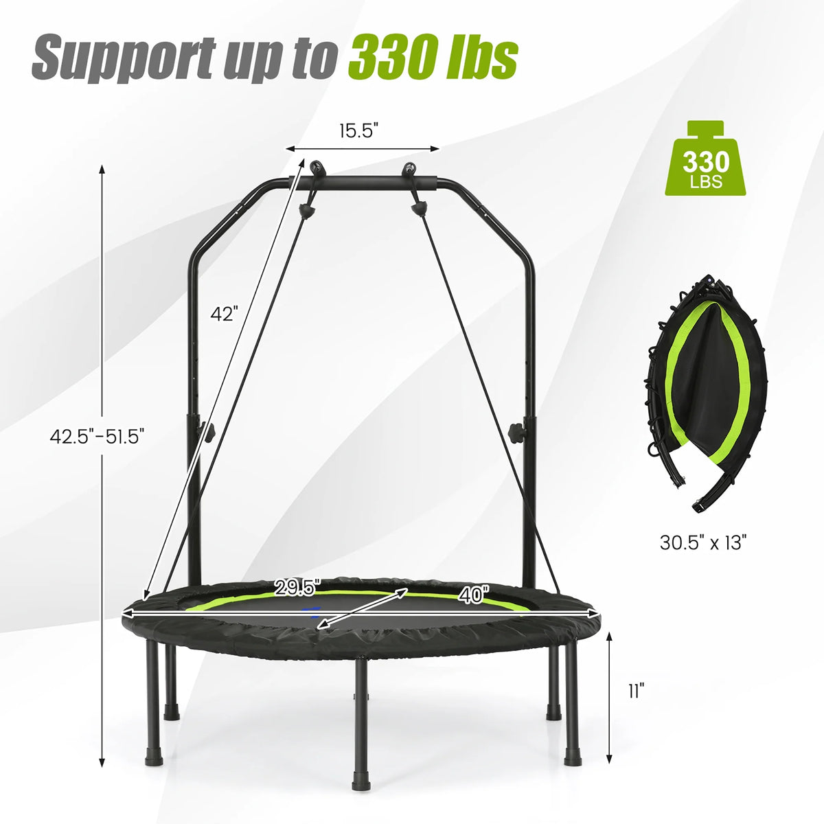 Costway 40'' Foldable Trampoline Fitness Rebounder with Resistance Bands Adjustable Home Green
