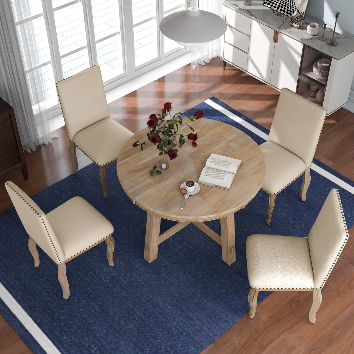 Bellemave 5-Piece Round Dining Table Set, Wood Farmhouse Extendable Dining Table and 4 Upholstered Dining Chairs, Kitchen Dining Table Set for 4 ��Antique White��