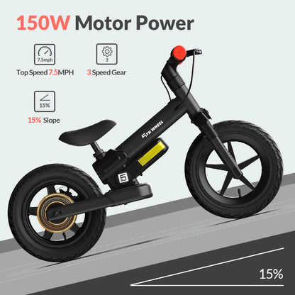 5Th Wheel KB09 150W Electric Balance Bike for Kids, Black - 12" Pneumatic Tire with Dual Brake