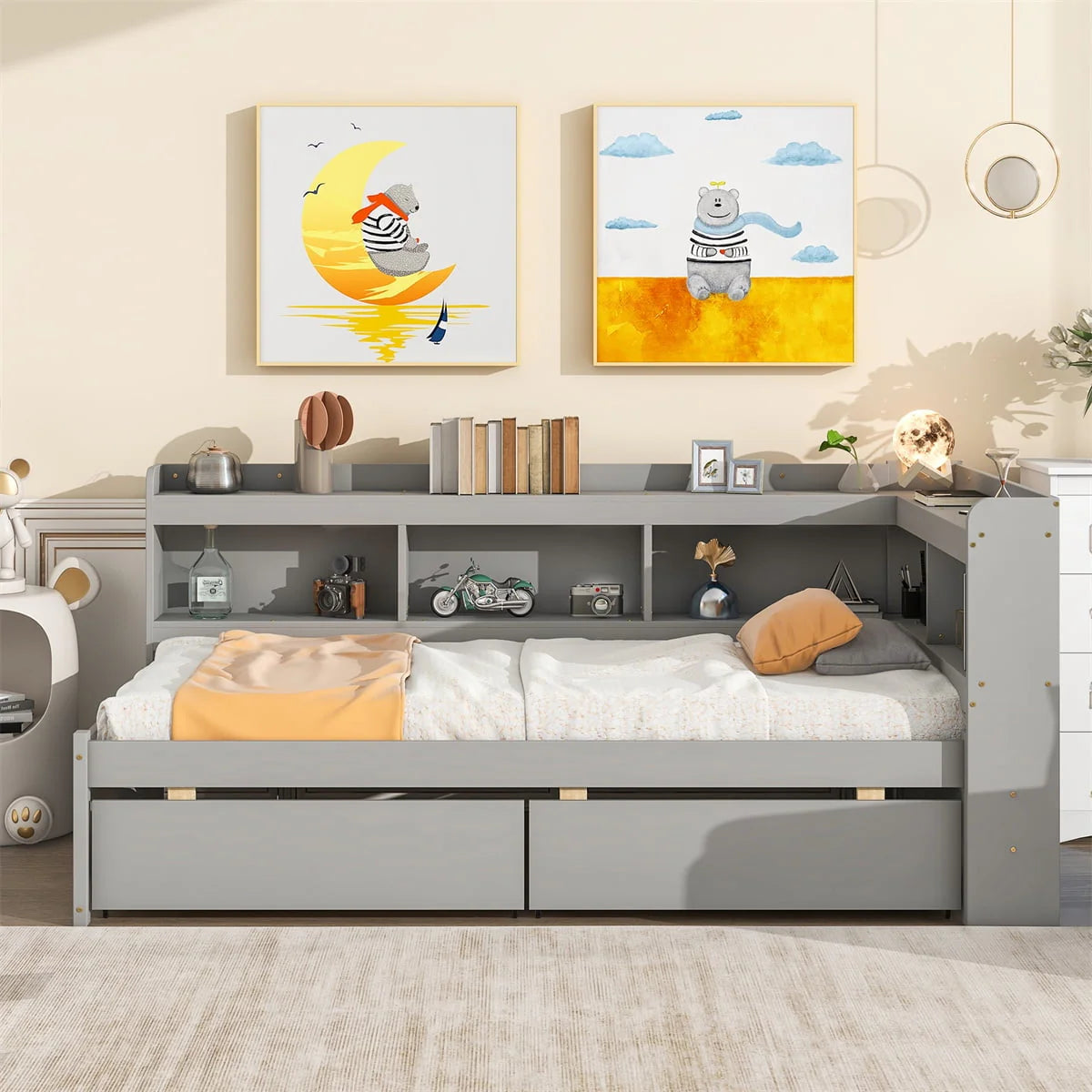 Twin Bed with L-Shaped Bookcases and Two Drawers,Solid Wood Platform Bed Frame with Bookcases Headboard and Wood Slats Support,Twin Size Daybed Frame for Bedroom Living Room,No Box Spring Needed,Gray