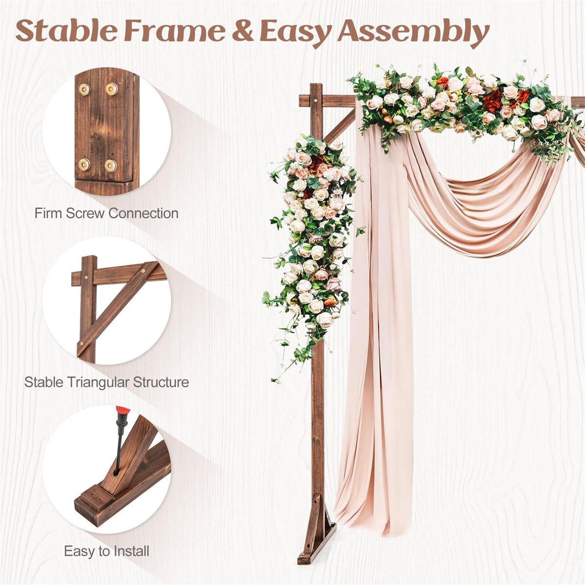 Gymax 7.2 FT Square Wedding Arch Wooden Arbor Backdrop Stand w/ Triangular-Shaped Base
