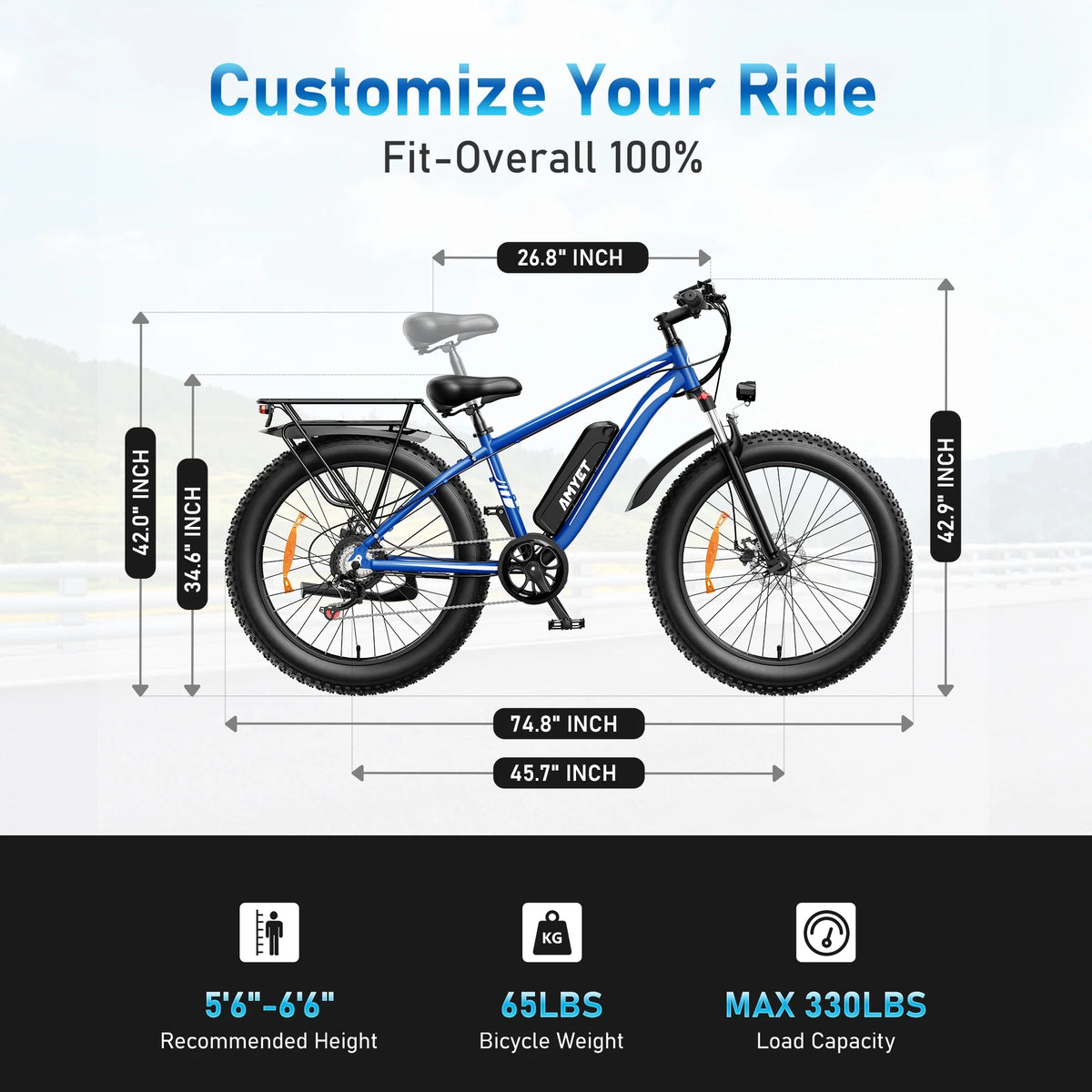 AMYET EB26 Electric Bike for Adults, 26*4.0 Fat Tire E-Mountain Bicycle,Peak 1500W Motor 48V 15Ah 7-Speed Ebike UL2849