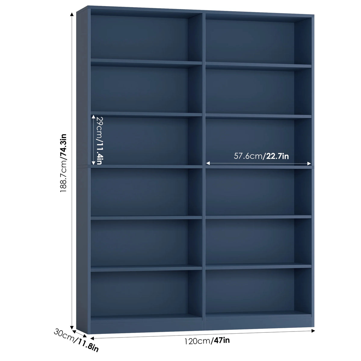 Homfa 74.3�� Double Wide 6-Tier Bookcase, Extra Large Wooden Freestanding Display Bookshelf for Home Office Living Room, White