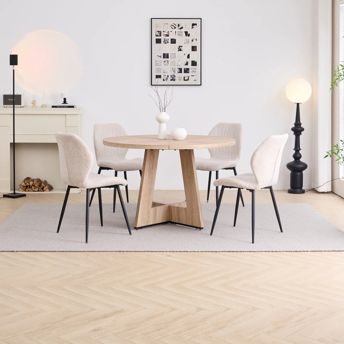 5 Piece 47'' Round Dining Table Chairs Set for 4, Farmhouse Gray Kitchen Table with 4 Boucle Mid Century Modern Dinning Room Chairs, Wood Dinner Table &Upholstered Chair Set of 4, Beige