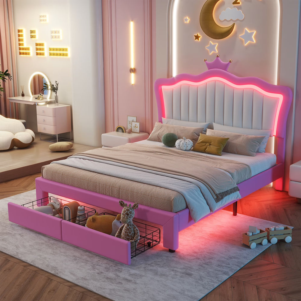 Miniyam Upholstered Twin Size Bed with LED Lights, Crown Headboard for Kids, Pink