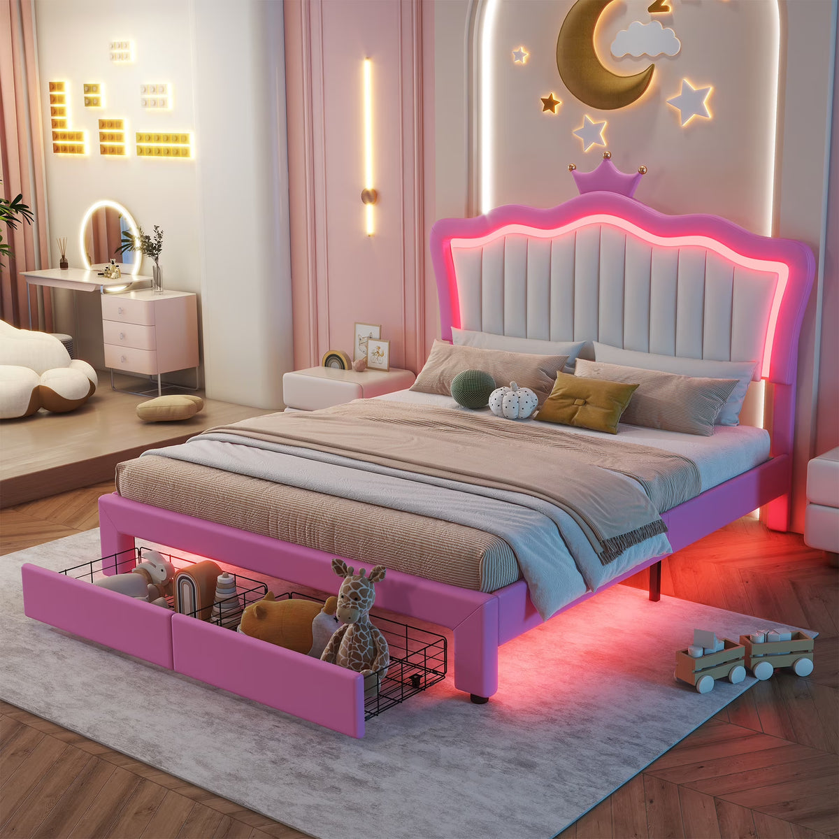 Miniyam Upholstered Twin Size Bed with LED Lights, Crown Headboard for Kids, Pink