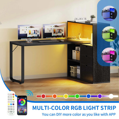 Dextrus L Shaped Desk with Power Outlets & LED Lights, Computer Desk with 3 Drawers and 3 Storage Shelves, White Office Desk Corner Desk for Home Office