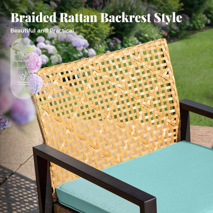 MF Studio 4-Piece All-Weather Rattan Patio Furniture Set, Outdoor Conversation Set with Wood Table, Brown and Beige