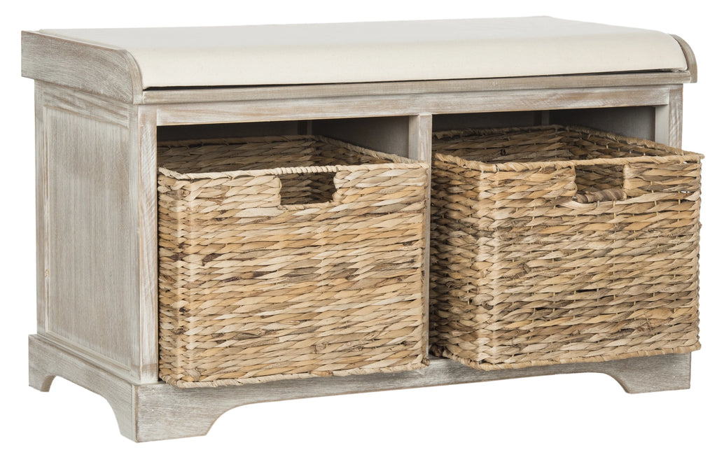 SAFAVIEH Freddy Contemporary Wicker Storage Bench with Cushion, Vintage Grey