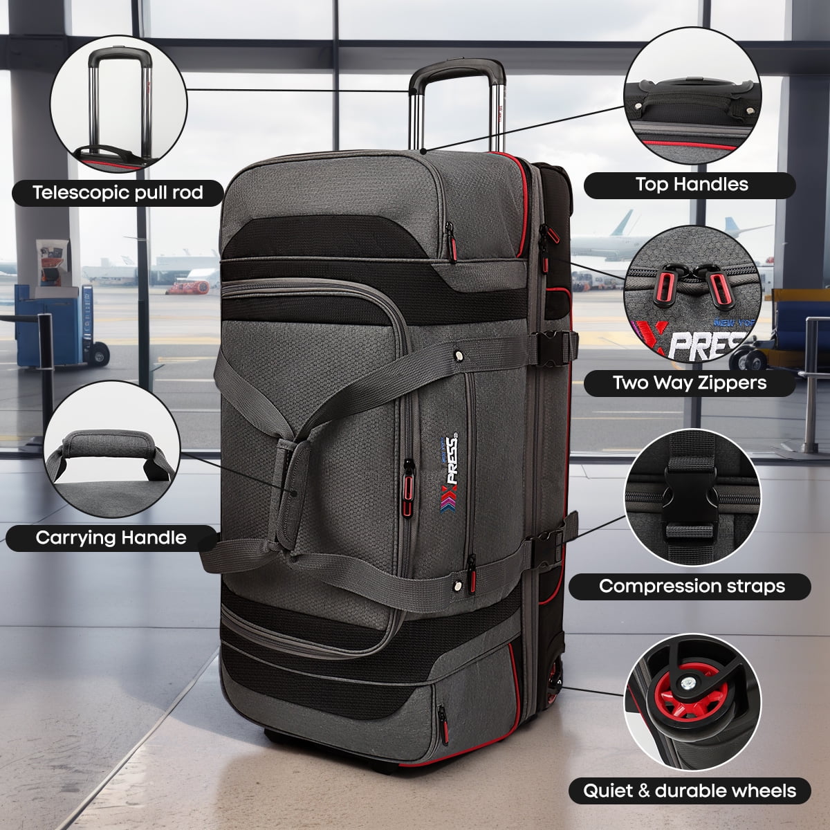 Rolling Duffle Bag with Drop Bottom,Large Wheeled Duffle Bag Luggage,Trolly Travel Bag with Roller 30 Inch,TBL074-Grey/Red