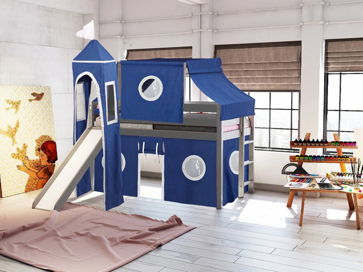 JACKPOT! Castle Low Loft Bed with Slide, Red Yellow and Blue Tent and Tower, Twin, Cherry