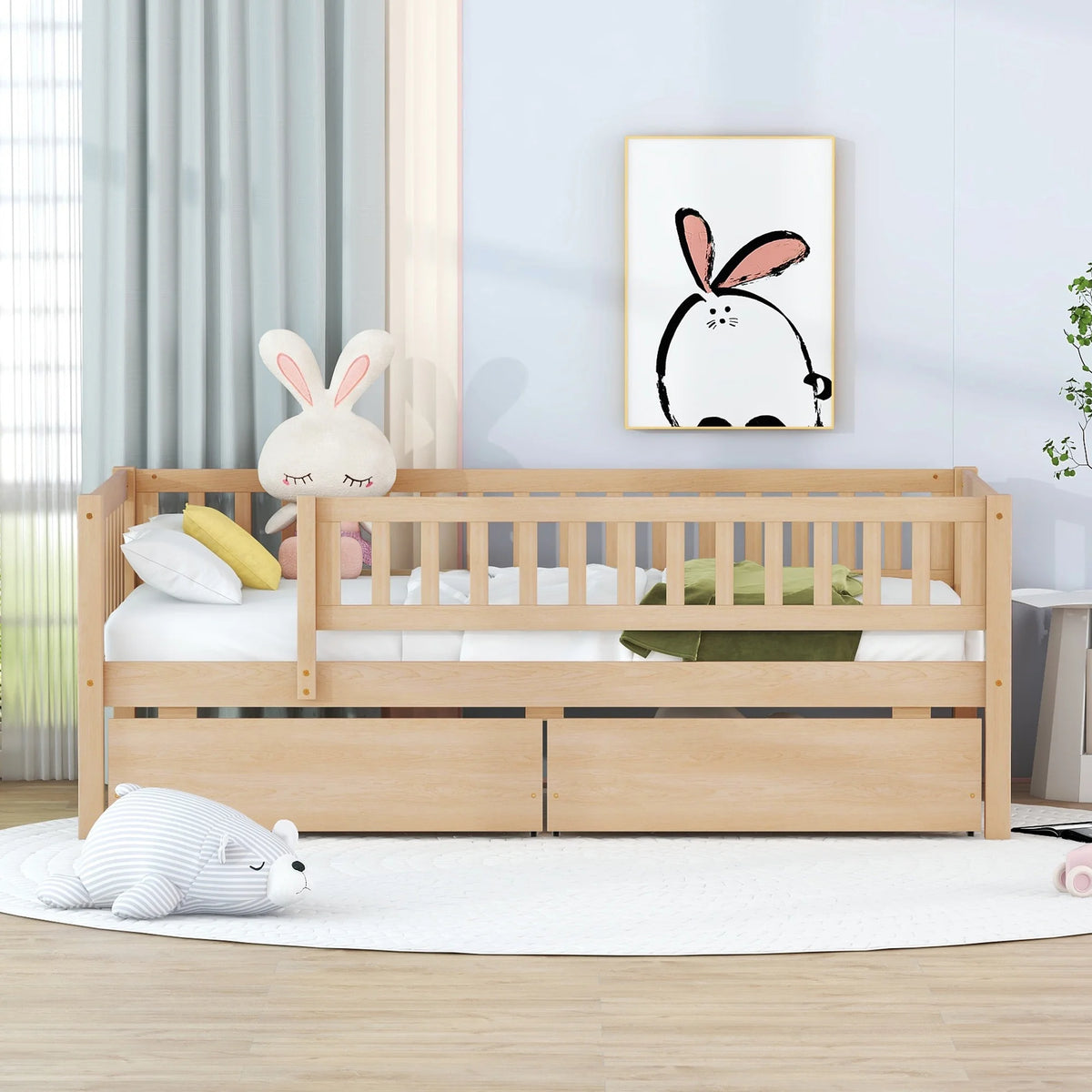 Holaki Twin Size Wood Bed with Guardrails and 2 Storage Drawers for Kids, Gray
