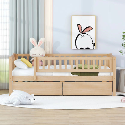 Holaki Twin Size Wood Bed with Guardrails and 2 Storage Drawers for Kids, Gray