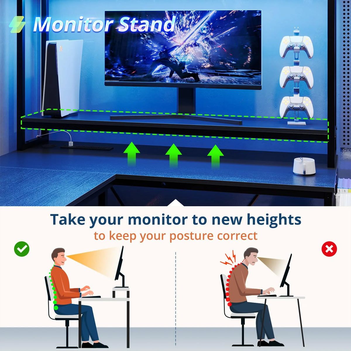 L Shaped Computer Desk with Power Outlet and LED Strip, Reversible Corner Gaming Desk with 2 Drawer and Keyboard Tray, Black