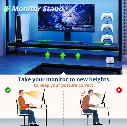 L Shaped Computer Desk with Power Outlet and LED Strip, Reversible Corner Gaming Desk with 2 Drawer and Keyboard Tray, Black