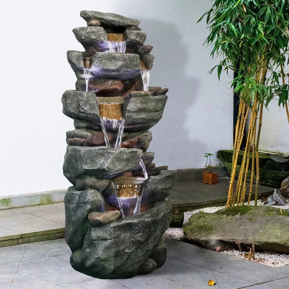 6-tier Outdoor Water Fountain w/LED Light Waterfall Fountain for Patio