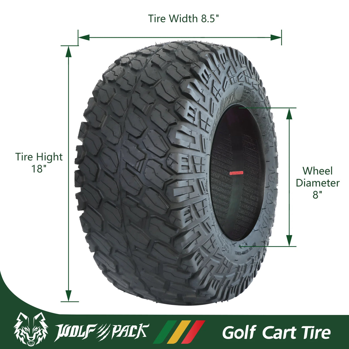 Set 4 WOLF PACK 18X8.50-8 Golf Cart Tires Non-Directional Tubeless Tire Multi-Terrain Tire with Superior Traction and Mud-Resistant Self-Cleaning Tread Design for Long-Lasting Performance