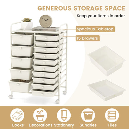 Costway 15 Drawer Rolling Storage Cart Tools Scrapbook Paper Office School Organizer White
