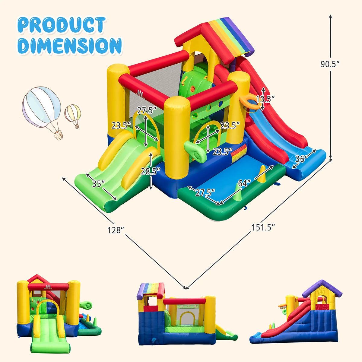 Costway Colorful Rainbow Kids Inflatable Bounce Castle with 50 Ocean Balls & 735W Blower
