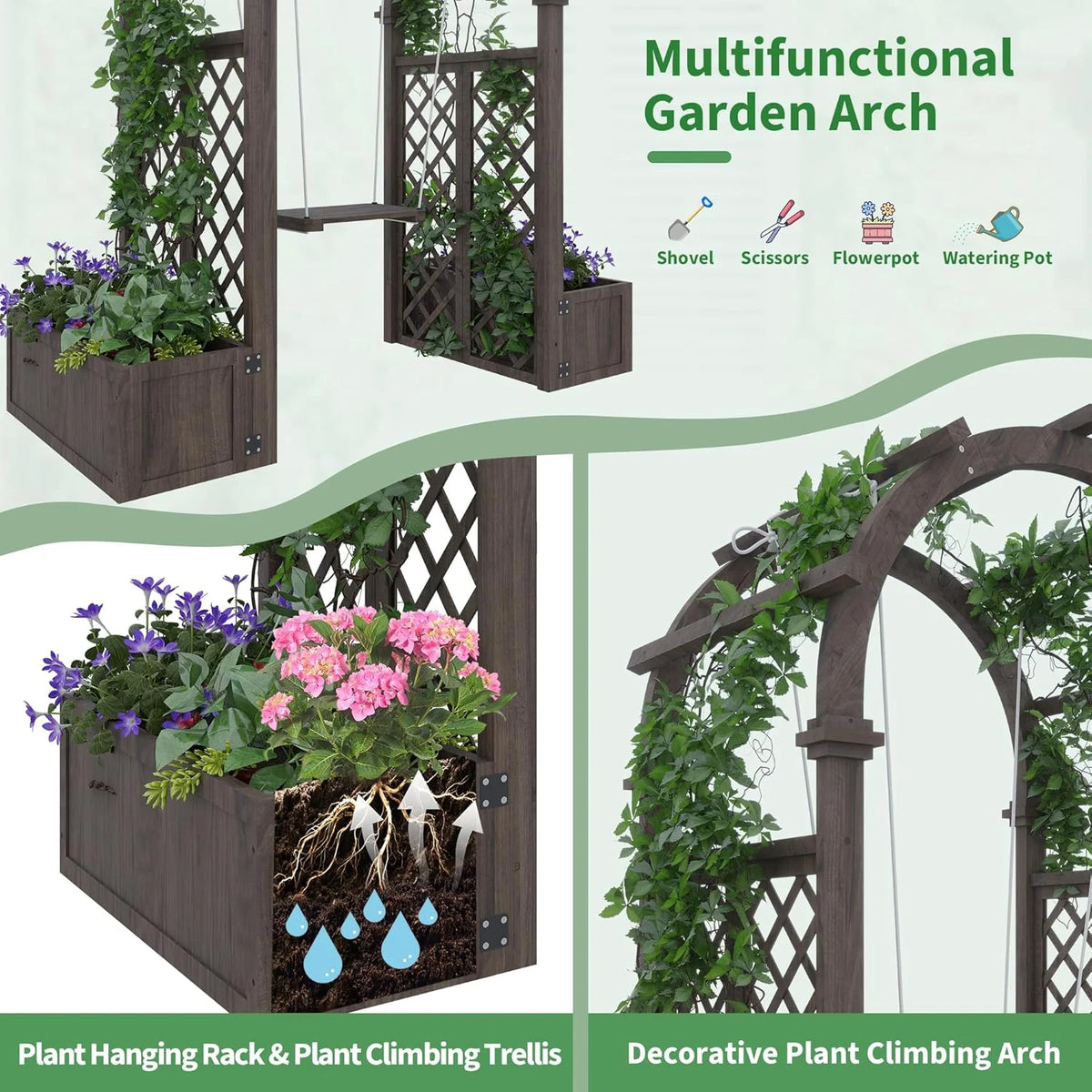 Wooden Garden Arbor with Planter&Swing,Outdoor Arbor Trellis for Climbing Plants, Roses, Vines, Outside Pergola Planter, Garden Arch for Lawn Backyard Wedding Ceremony Bridal Party