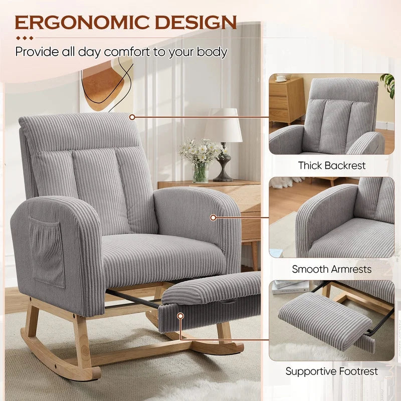 FFH Rocking Chair Nursery, Tufted Accent Rocker Chair, Upholstered Armchair with Adjustable Footrest, Side Pocket, High Backrest, Padded Seat, Polyester Blend (Retro, Dark Gray)