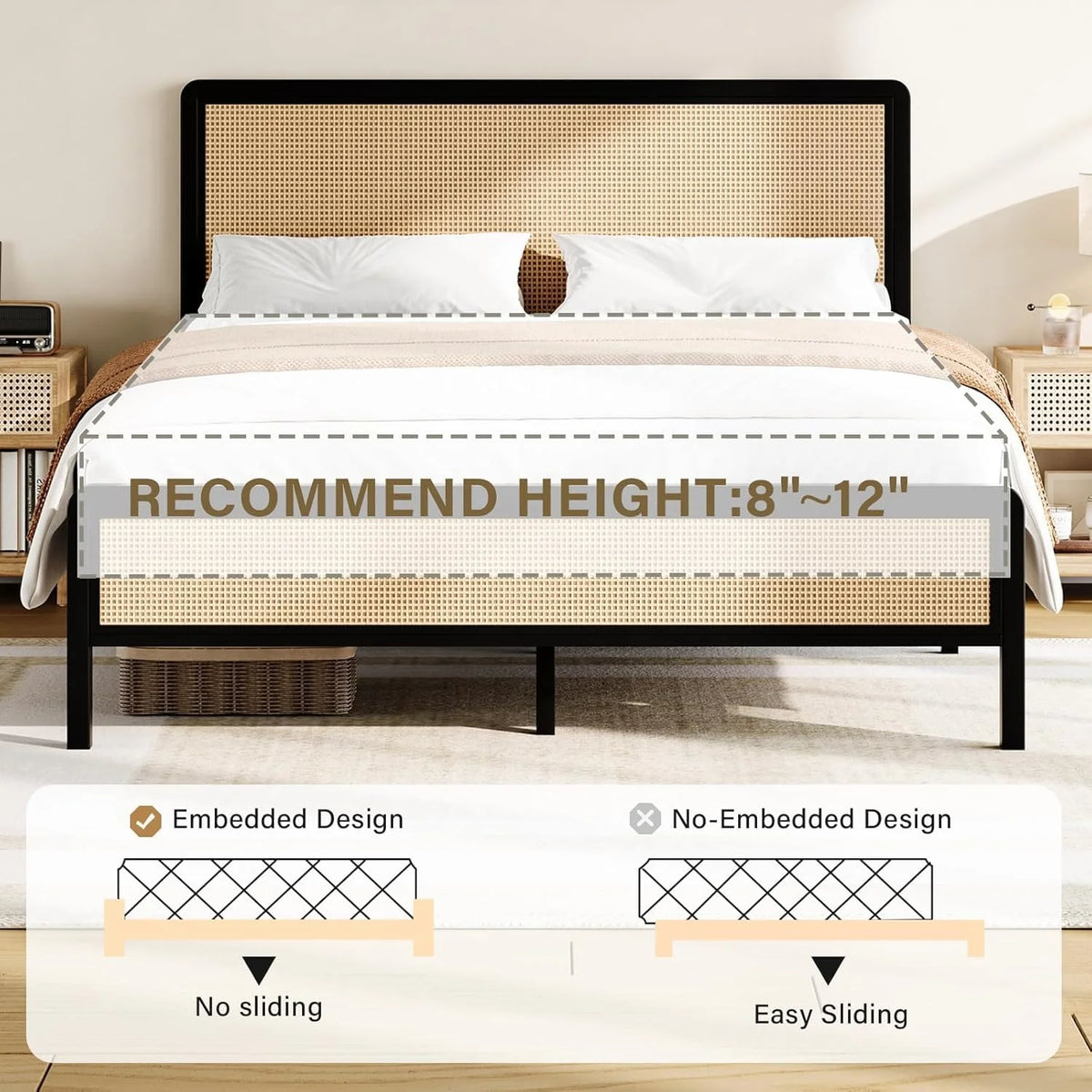4 EVER WINNER Queen Size Bed Frame, Rattan Bed Frame with Natural Rattan Headboard and Footboard, No Box Spring Needed, Black