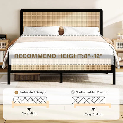 4 EVER WINNER Queen Size Bed Frame, Rattan Bed Frame with Natural Rattan Headboard and Footboard, No Box Spring Needed, Black