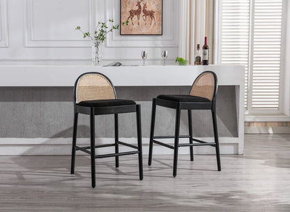 Guyou Modern Bar Stools Set of 2, 26" Counter Height Bar Stools with Natural Rattan Back and Solid Wood Frame, Sherpa Upholstered Kitchen Island Chairs for Bar Island Cafe Kitchen, Black