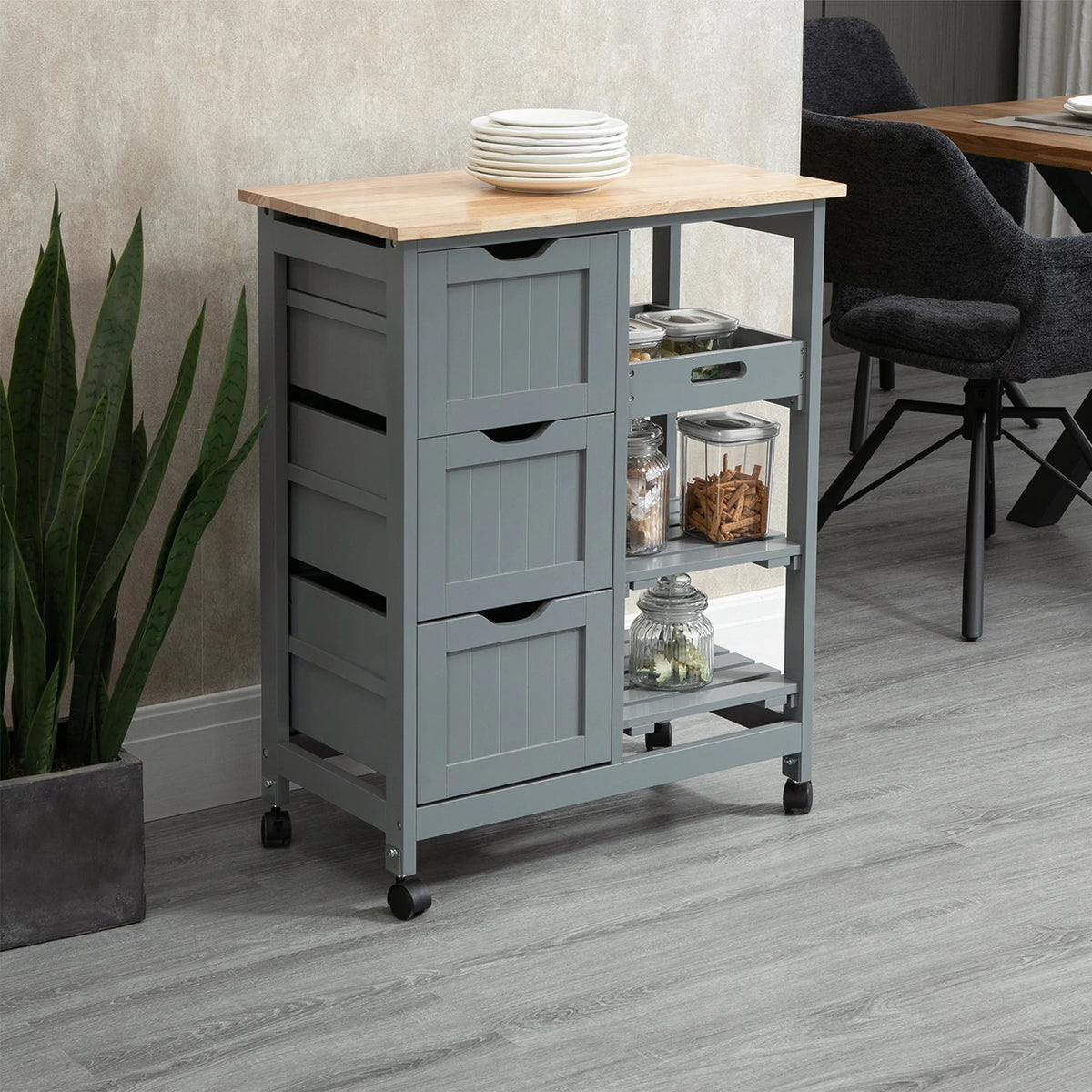 HOMCOM Rolling Kitchen Island Cart, Bar Serving Cart, Compact Trolley on Wheels with Wood Top, Shelves & Drawers for Home Dining Area, Grey