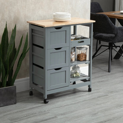 HOMCOM Rolling Kitchen Island Cart, Bar Serving Cart, Compact Trolley on Wheels with Wood Top, Shelves & Drawers for Home Dining Area, Grey