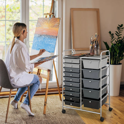 Costway 15 Drawer Rolling Storage Cart Tools Scrapbook Paper Office School Organizer White
