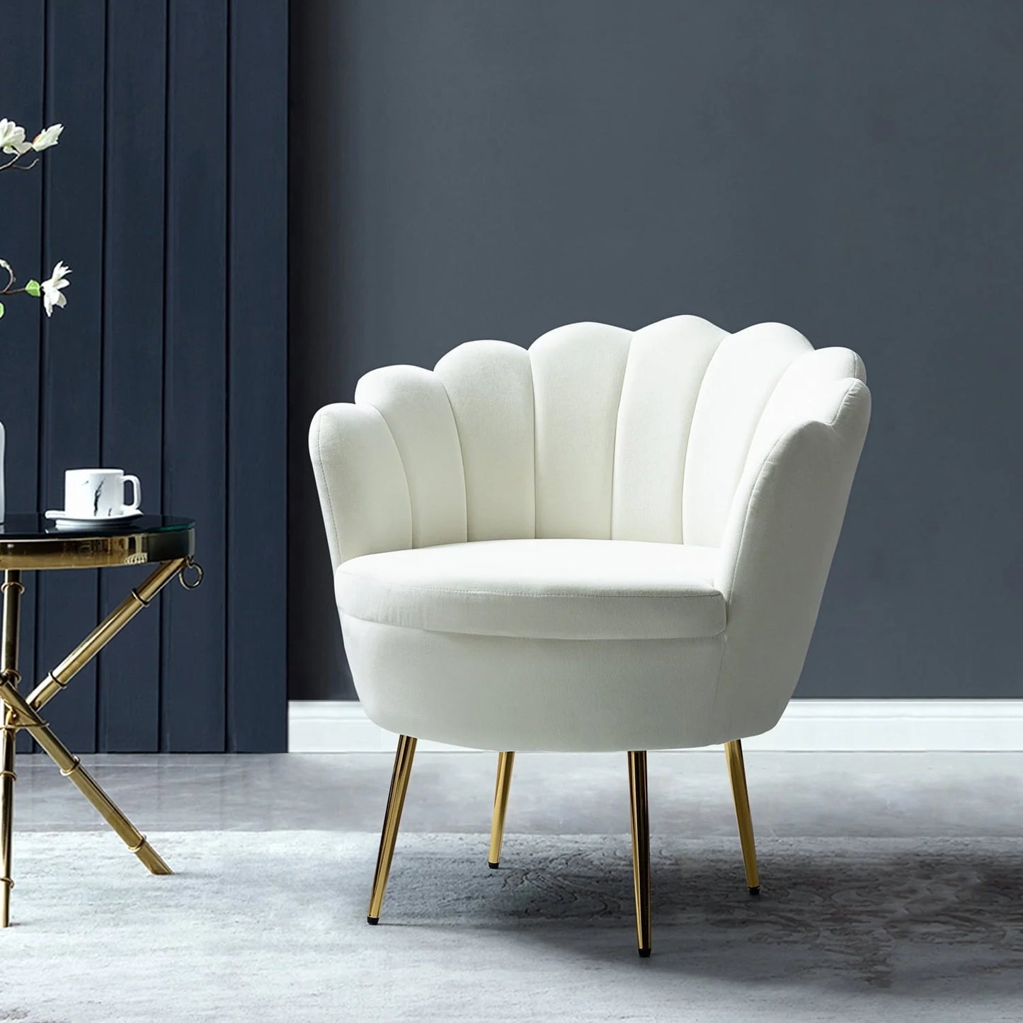 14 Karat Home Seashell Upholstery Barrel Chair with Gold Legs for Living Room, Ivory