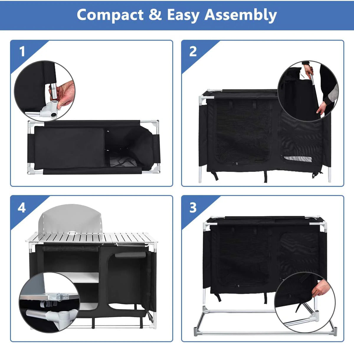 Camping Kitchen Table, Camping Grill Table w/Windscreen & Storage Organizer, Outdoor Kitchen Cook Station with Basin for BBQ, Party, Picnics, Backyards, BBQ Table
