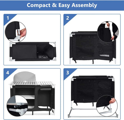 Camping Kitchen Table, Camping Grill Table w/Windscreen & Storage Organizer, Outdoor Kitchen Cook Station with Basin for BBQ, Party, Picnics, Backyards, BBQ Table