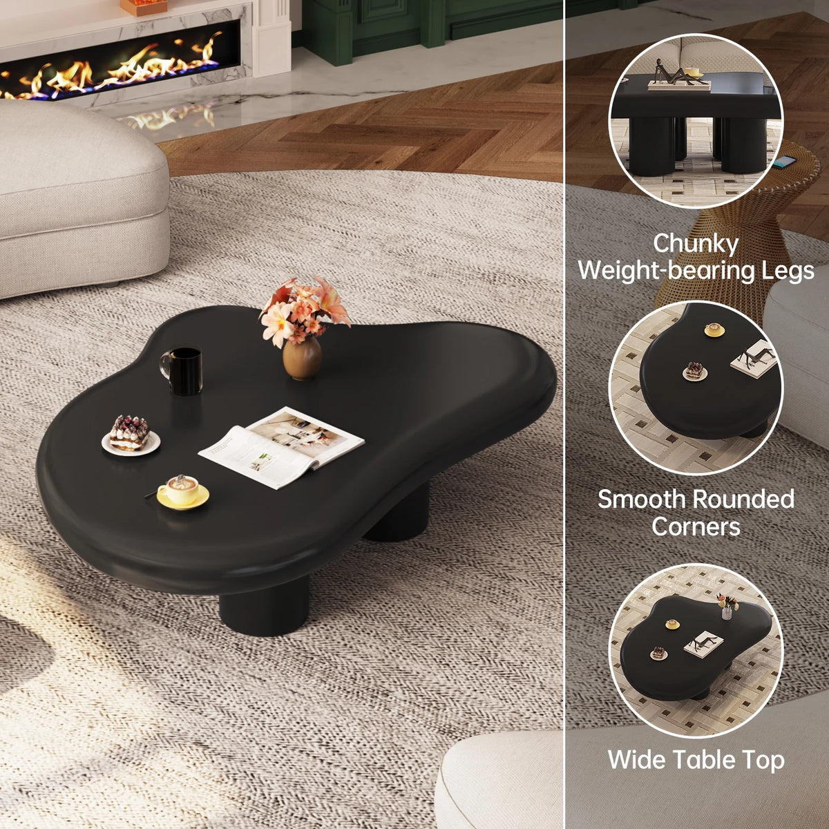 Guyii Cream White Coffee Table with 4 Legs, Irregular Side Table, Modern Wood Tea Table for Living Room, Apartment, Office